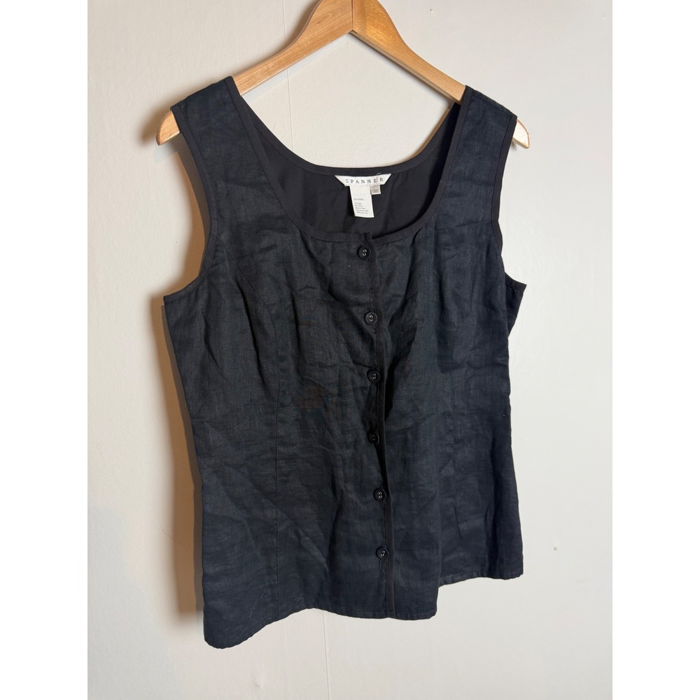 Spanner Black 100% Linen Button Front‎ Vest tank top capsule Beachy coastal